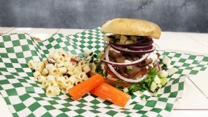 Hash Knife Burger with macaroni salad